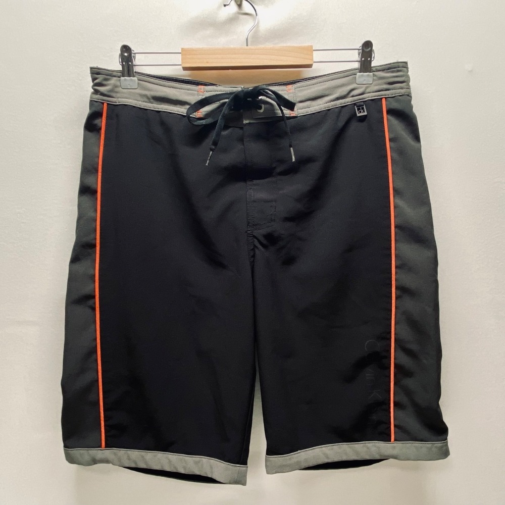 Calvin Klein Swim Board Shorts Men's Medium Black Grey Red Logo Drawstring Waist